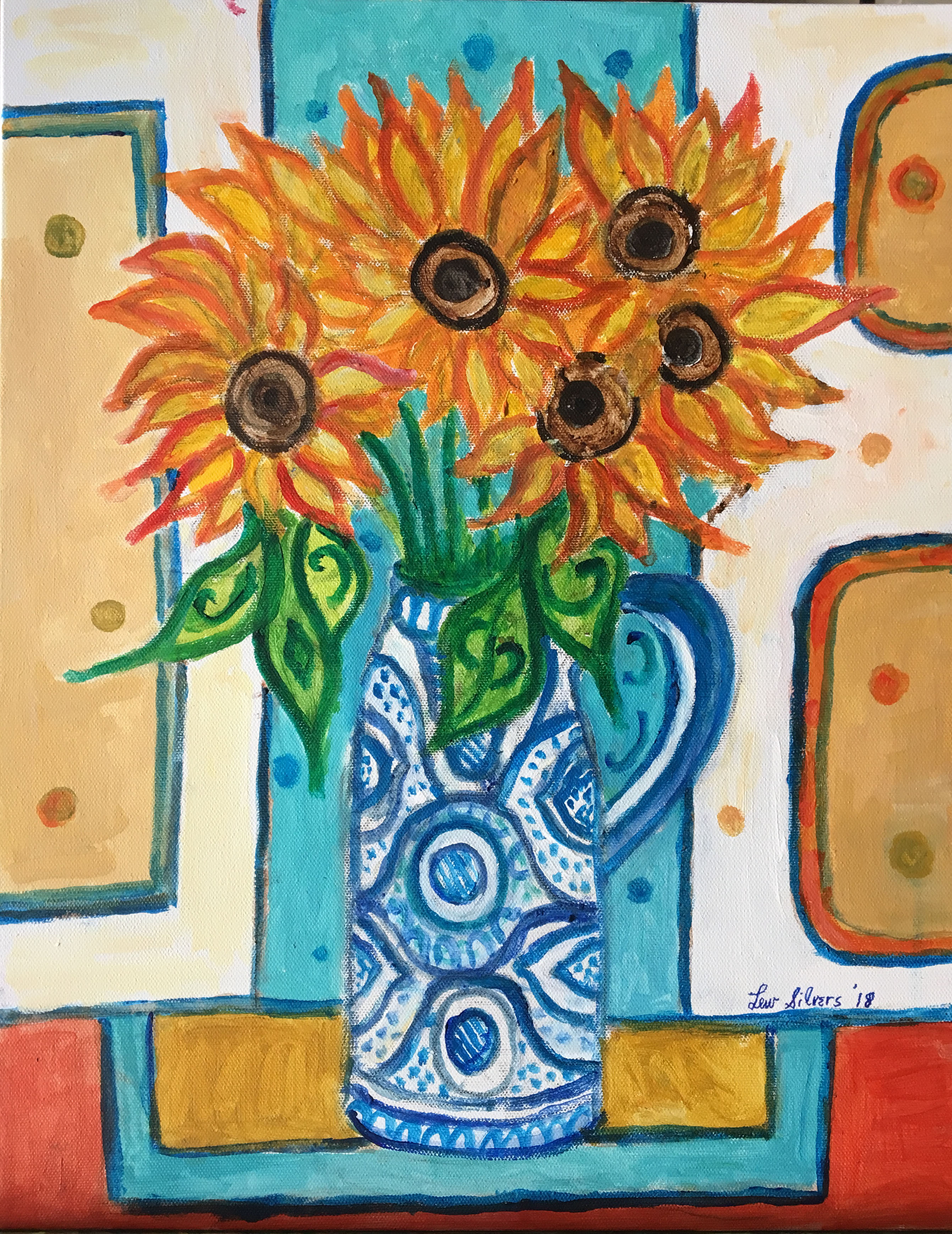 Five Sunflowers Acrylic On Wood Panel In Recent Artwork
