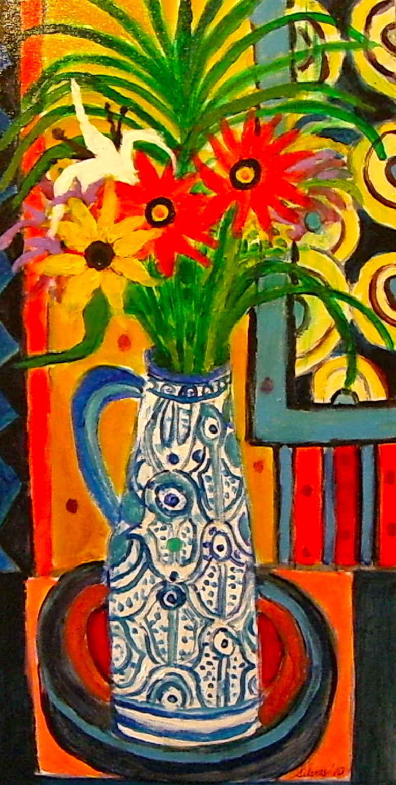 Flowers in a Blue Patterned Vase